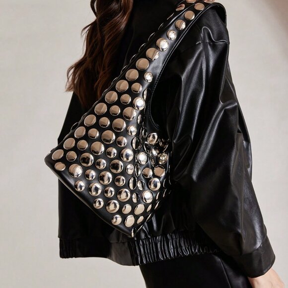 Women's Metal Stud contemporary black Bucket Bag - Picture 1 of 9